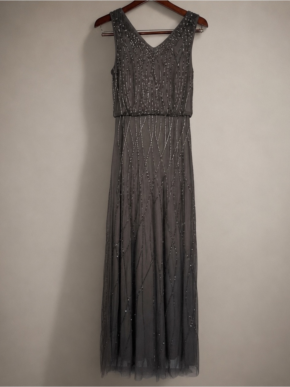 Candela Pewter Gray Beaded Mesh Maxi Gown Art Deco Formal Dress 0